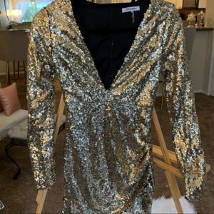 NYE gold sequin deep V, long sleeve mini dress